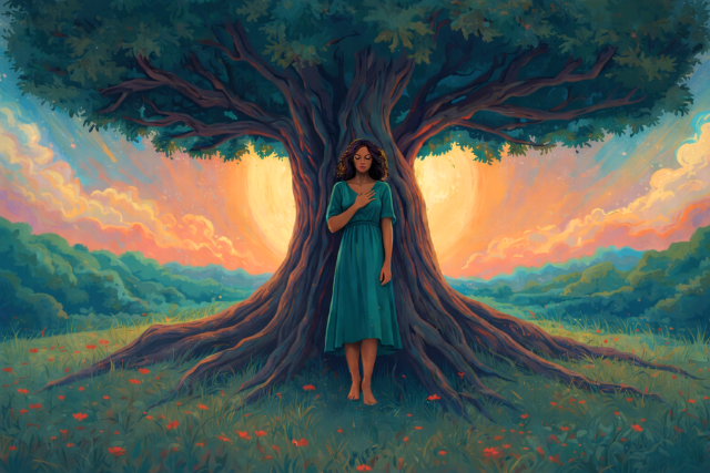 Strong woman in front of a tree.png